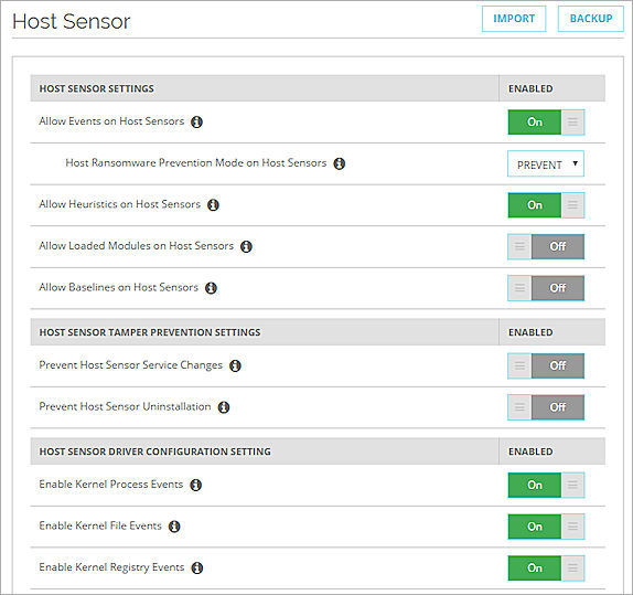 Captura de pantalla de la página de configuración de Host Sensor