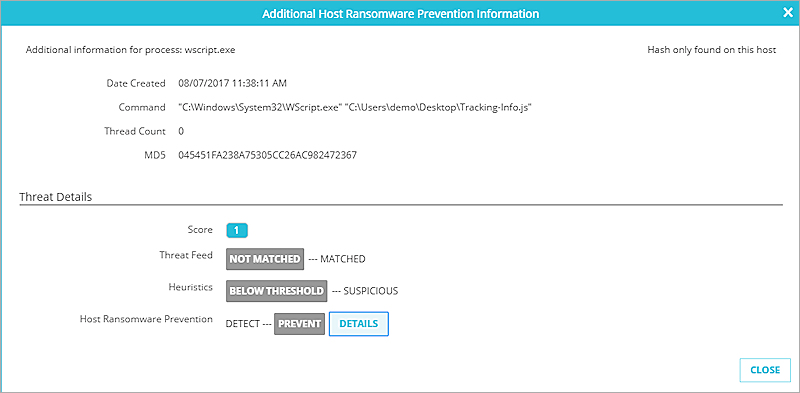 Captura de pantalla del cuadro de diálogo Información adicional de Host Ransomware Prevention