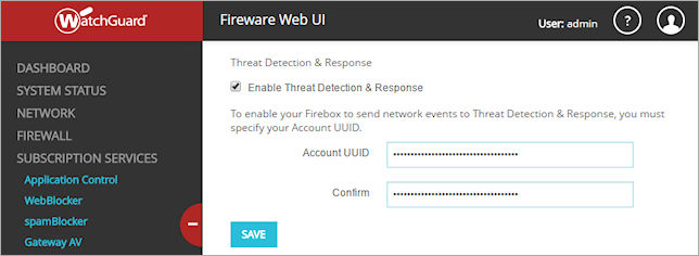 Captura de pantalla de la página Threat Detection & Response en Fireware Web UI