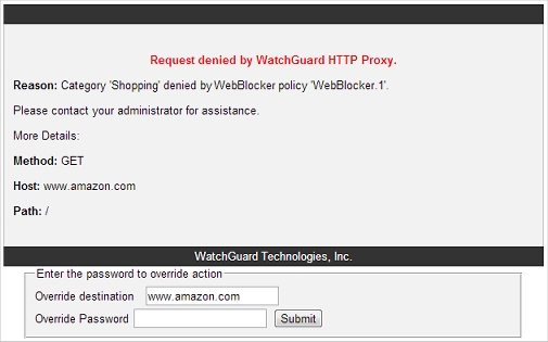Captura de pantalla del bloqueo de anulación local de WebBlocker como aparece en el navegador