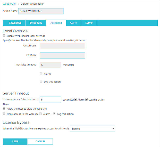 Captura de pantalla de las opciones de WebBlocker en el cuadro de diálogo Configuración de WebBlocker.