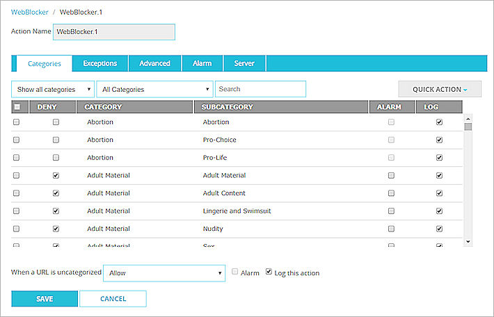 Captura de pantalla de la configuración de perfil de WebBlocker, página Categorías para categorías de nube  de Websense
