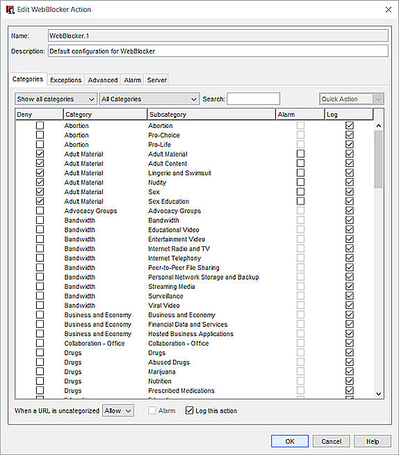 Captura de pantalla de cuadro de diálogo de Configuración de  WebBlocker, pestaña Categorías para categorías de Websense