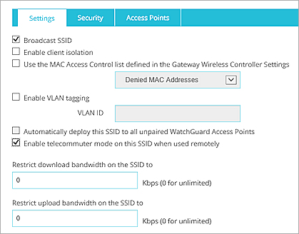 Captura de pantalla de la página de configuración SSID en Fireware Web UI