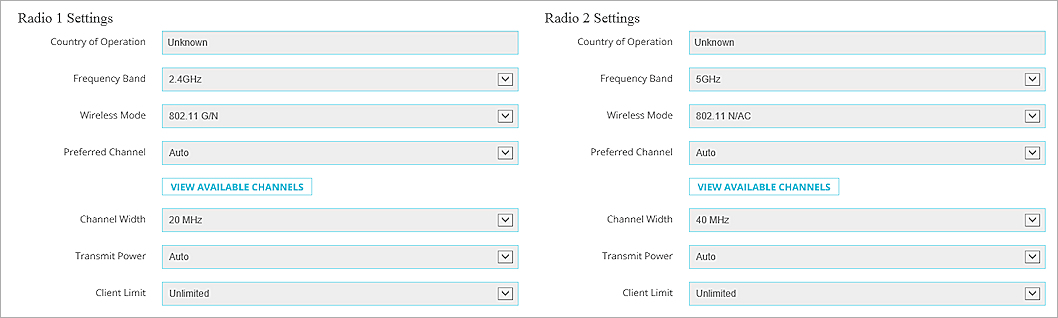 Captura de pantalla de la Configuración del Radio 1 y Radio 2 para un dispositivo AP