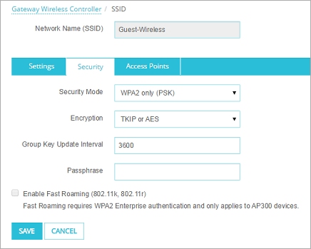 Captura de pantalla de la pestaña de Seguridad SSID para modo de seguridad WPA/WPA2 (PSK)