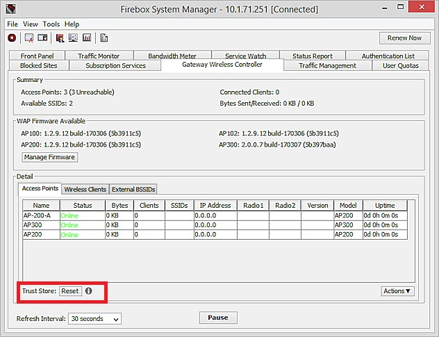 Captura de pantalla de Firebox System Manager - Controlador Inalámbrico de Puerta de Enlace - Restablecer Trust Store