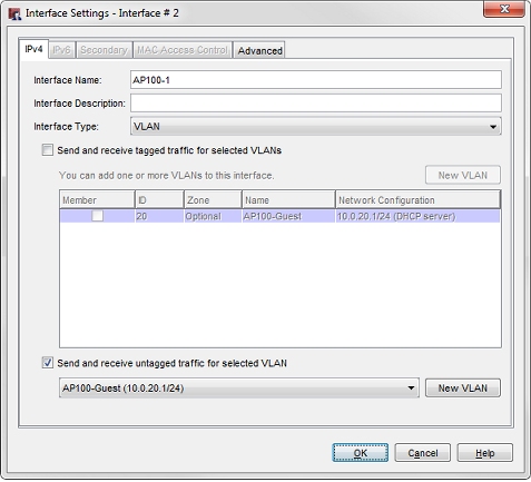 Captura de pantalla de la Configuración de Interfaz para la interfaz VLAN AP100-1