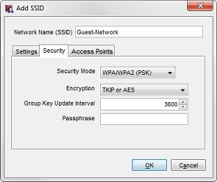 Captura de pantalla del cuadro de diálogo  Agregar SSID, con los ajustes de modo de seguridad WPA/WPA2 (PSK)