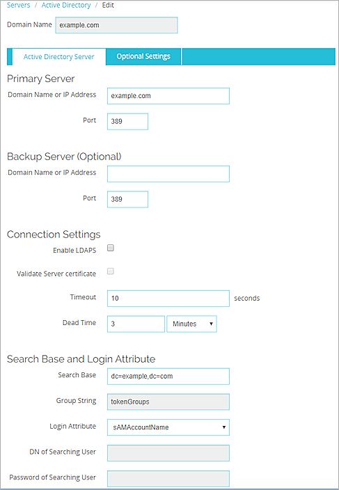 Captura de pantalla para la página Editar para un Active Directory Server