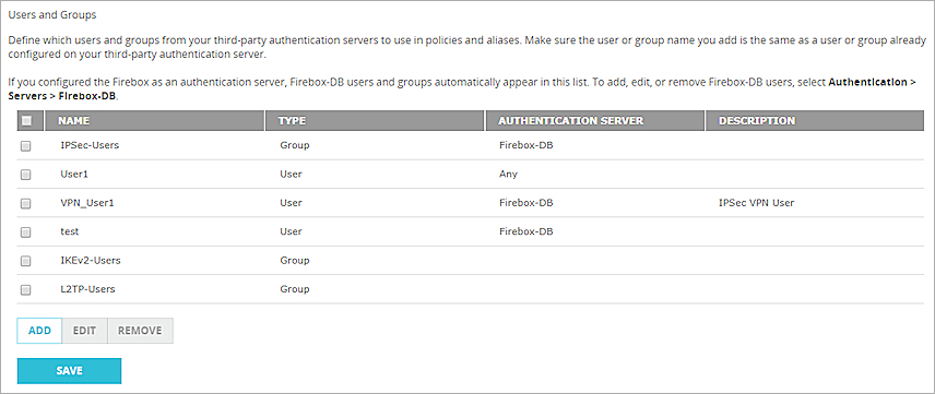 Captura de pantalla de la página Autenticación de usuarios y grupos