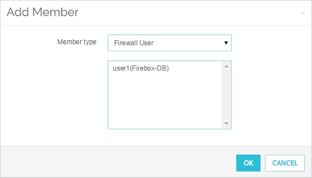 Captura de pantalla del cuadro de diálogo Agregar miembro con el tipo de miembro Usuario de Firewall seleccionado