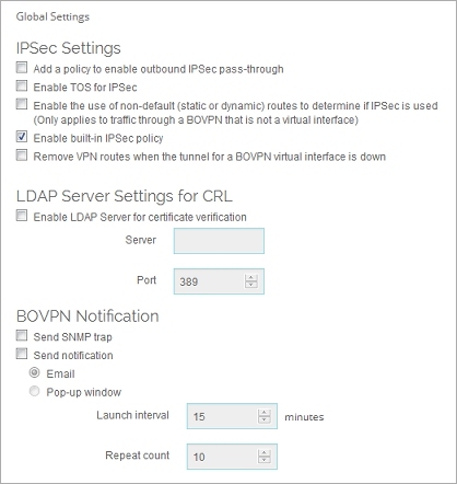 Captura de pantalla de la página Configuraciones globales de VPN