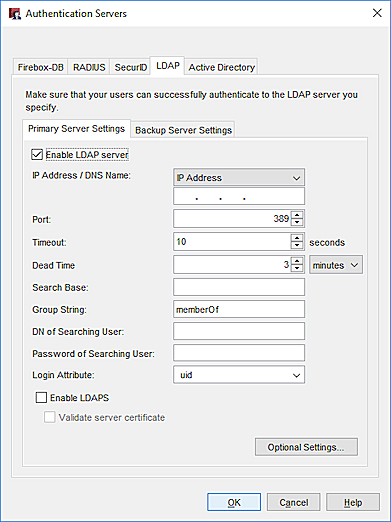 Captura de pantalla del cuadro de diálogo Servidores de Autenticación, con la pestaña LDAP seleccionada