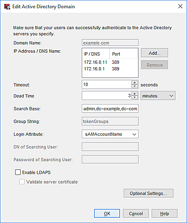 Captura de pantalla del cuadro de diálogo Agregar Dominio de Active Directory con direcciones de IP de Active Directory Server.