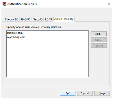 Captura de pantalla del cuadro de diálogo Servidores de autenticación, pestaña Active Directory