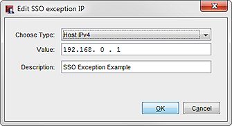Captura de pantalla del cuadro de diálogo Editar Dirección IP de Excepción de SSO.