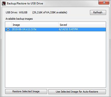 Captura de pantalla del cuadro de diálogo Crear Copia de Seguridad/Restaurar a Unidad USB.