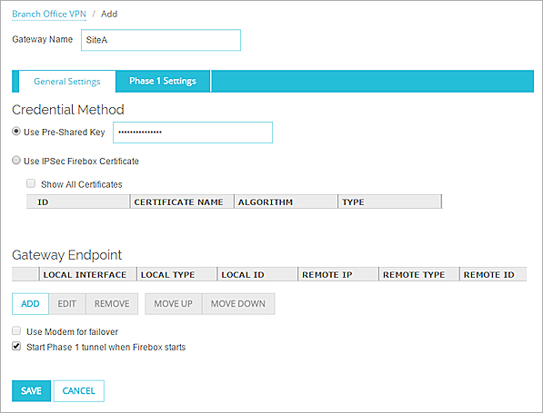 Captura de pantalla de la pestaña Configuraciones generales de puerta de enlace