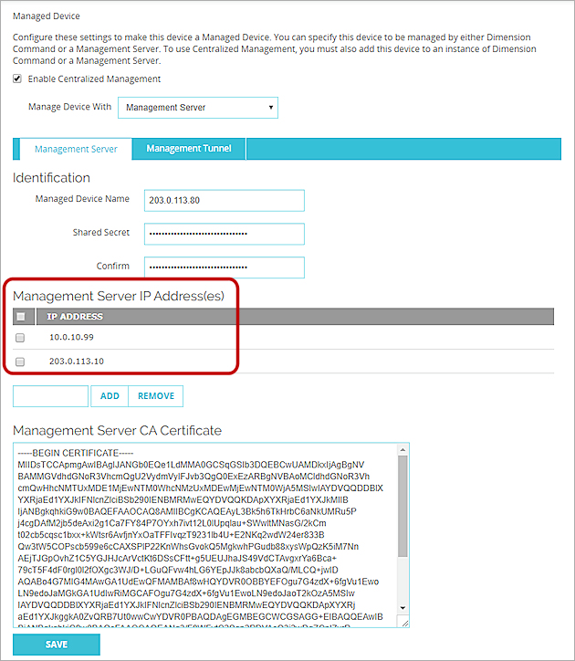 Captura de pantalla de las Direcciones IP del Management Server en la Fireware Web UI
