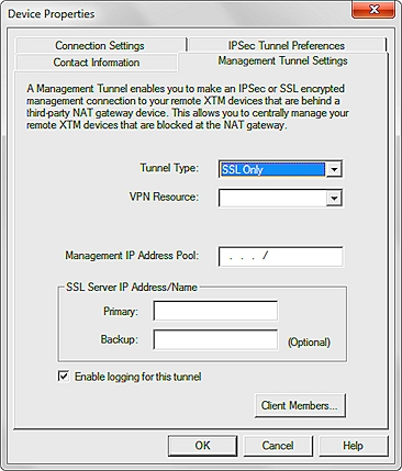 Captura de pantalla de las Configuraciones del Túnel de Administración para un túnel SSL