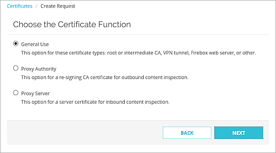 Captura de pantalla del CSR Wizard - Página Elegir Función de Certificado