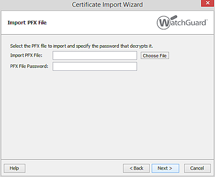 Captura de pantalla de la página de importación de archivo PFX del Certificate Import Wizard en FSM
