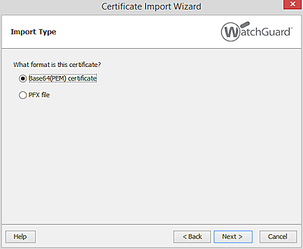 Captura de pantalla de la página de tipo de importación del Certificate Import Wizard en FSM