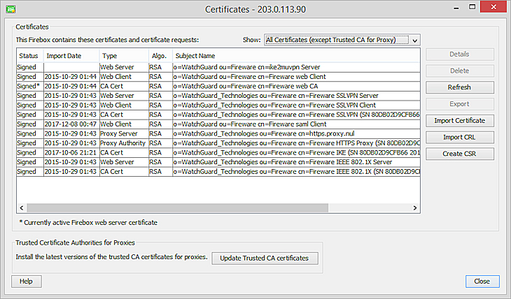 Captura de pantalla del cuadro de diálogo Certificados