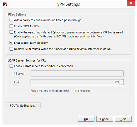 Captura de pantalla del cuadro de diálogo Configuraciones de VPN