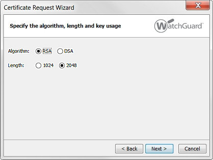 Pantalla Certificate Request Wizard, especificar algoritmo, extensión de clave y uso de clave