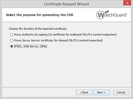 Captura de pantalla del CSR Wizard - Página Propósito del certificado