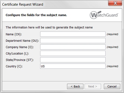 captura de pantalla del Certificate Request Wizard