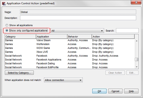 Captura de pantalla del cuadro de diálogo Acción de Application Control
