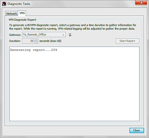 Captura de pantalla del mensaje Generando Informe de Diagnóstico de VPN