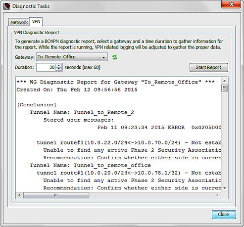 Captura de pantalla de los resultados del Infome de Diagnóstico de VPN
