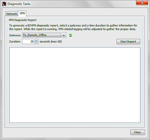 Captura de pantalla del cuadro de diálogo Tareas de Diagnóstico, pestaña VPN