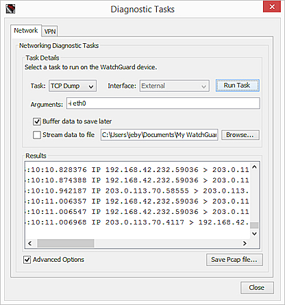 Captura de pantalla del cuadro de diálogo Tareas de diagnóstico, opción Tarea de volcado de TCP con Almacenar datos para guardar después y el botón Guardar archivo PCAP