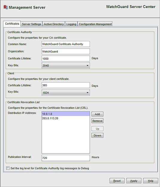 Captura de pantalla de la pestaña Certificados del Management Server