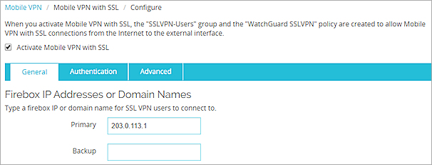Captura de pantalla de la pestaña General de Mobile VPN with SSL