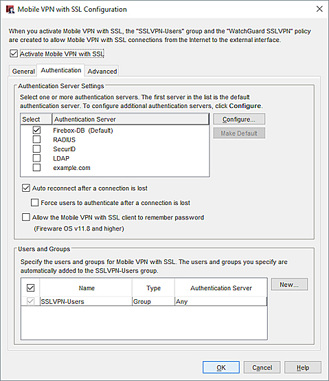 Captura de pantalla de la pestaña Autenticación en el cuadro de diálogo Configuración de Mobile VPN with SSL