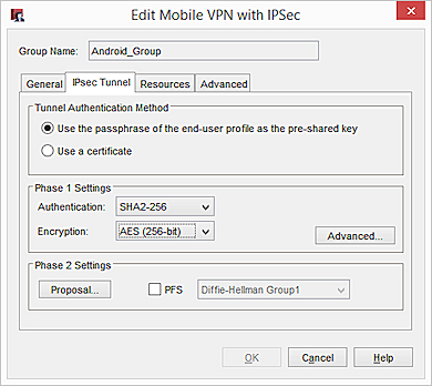 Captura de pantalla del cuadro de diálogo Editar Mobile VPN with IPSec, pestaña Túnel IPSec