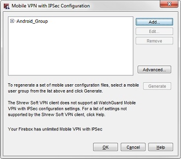 Captura de pantalla del cuadro de diálogo de Mobile VPN with IPSec