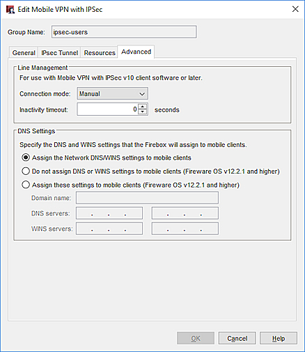 Captura de pantalla de los ajustes de DNS para Mobile VPN with IPSec
