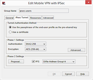 Captura de pantalla del cuadro de diálogo de Editar MVPN with IPSec, pestaña Túnel IPSec