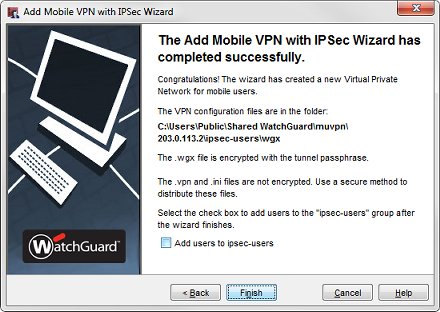 Captura de pantalla del cuadro de diálogo Agregar Mobile VPN with IPSec Wizard ha concluido con éxito
