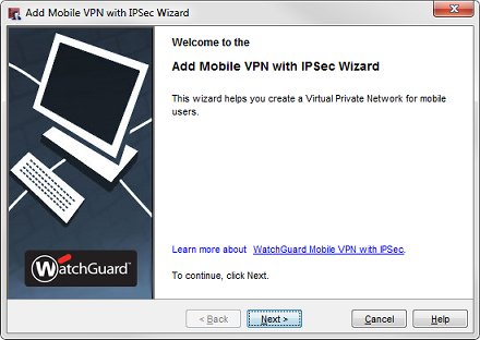 Captura de la primera pantalla del Add Mobile VPN with IPSec Wizard