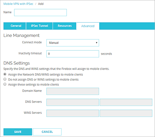 Captura de pantalla de la página Configurar Mobile VPN with IPSec, pestaña Avanzado