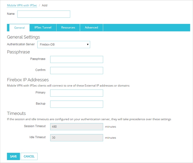 Captura de pantalla de la página Configurar Mobile VPN with IPSec, pestaña General