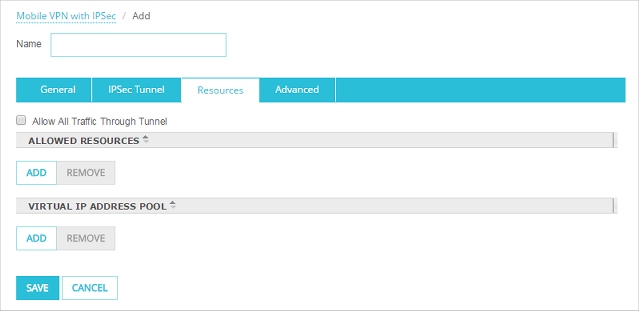 Captura de pantalla de la página Configurar Mobile VPN with IPSec, pestaña Recursos.